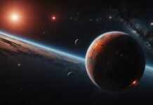 Atmosphère détectée sur LHS 1140 b : un tournant dans la chasse aux mondes habitables Vue d'artiste de l'exoplanète rocheuse LHS 1140 b entourée d'une fine atmosphère, près d'une naine rouge