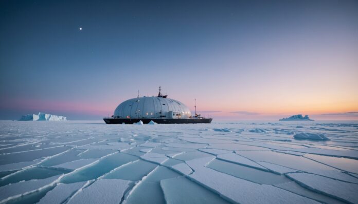 Station polaire dérivante Tara prise dans la banquise arctique au crépuscule