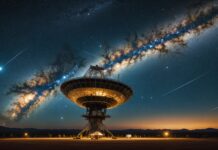 Un sucre découvert dans l’espace : l’érythrulose et la piste des origines de la vie Nuage de gaz interstellaire et radiotélescope illustrant la détection d'un sucre dans l'espace