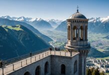 Tour Perret de Grenoble : la réouverture d’un pionnier du béton armé après 66 ans Vue panoramique depuis une tour historique en béton armé sur des montagnes alpines