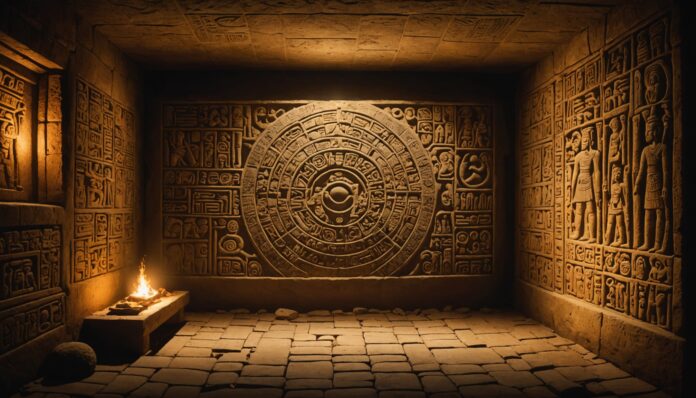 Illustration d'une chambre maya ancienne couverte de glyphes astronomiques et mathématiques