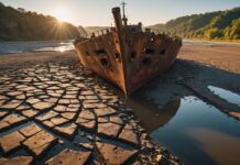 Sécheresse sur le Danube : les eaux basses révèlent épaves de guerre et vestiges préhistoriques Epave de navire de guerre partiellement emergee dans le lit asseche d'un fleuve europeen au coucher du soleil