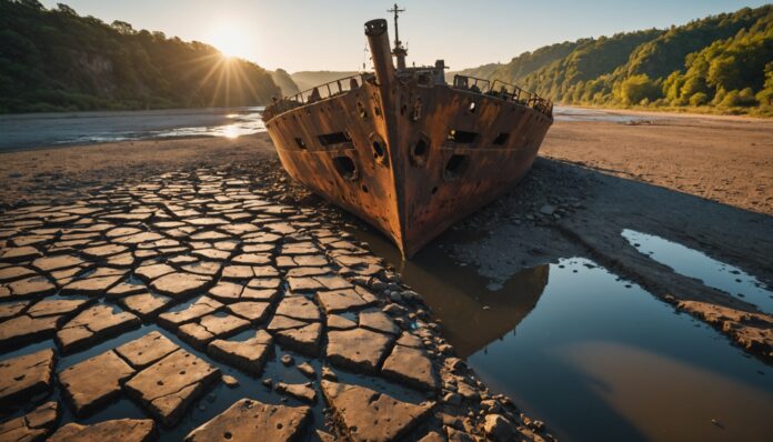 Epave de navire de guerre emergeant du lit asseche du Danube Epave de navire de guerre partiellement emergee dans le lit asseche d'un fleuve europeen au coucher du soleil