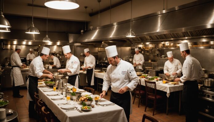 Équipe de restaurant au travail pendant le service, cuisine et salle animées