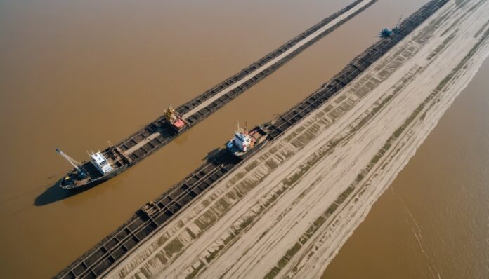 Extraction de sable dans un delta fluvial vue aérienne Extraction de sable dans un delta fluvial, impact environnemental sur le littoral