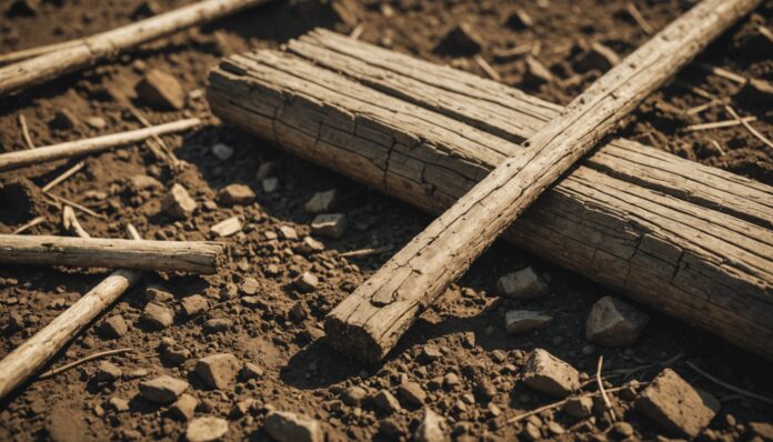 Bâton à fouir en bois retrouvé sur le site archéologique de Marathousa 1 en Grèce Fouille archéologique d'un ancien outil en bois dans un sol gorgé d'eau