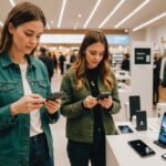 Smartphones : ce qu’il faut savoir avant l’arrivée des batteries amovibles Personne comparant des smartphones en magasin en tenant compte de la durabilité