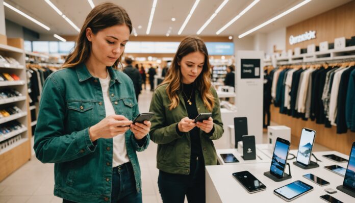 Achat de smartphone et critères de durabilité Personne comparant des smartphones en magasin en tenant compte de la durabilité