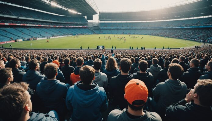 Jeunes spectateurs dans des tribunes regardant du contenu sportif sur smartphone