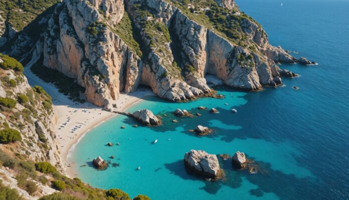Calanque méditerranéenne avec sentier d'accès réglementé et eau turquoise Crique méditerranéenne aux falaises rocheuses et à l'eau turquoise, sentier d'accès balisé