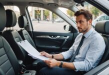 VTC : l’examen professionnel devient obligatoire pour tous les nouveaux chauffeurs Chauffeur de VTC dans son véhicule avec documents administratifs, illustration de l'examen professionnel obligatoire