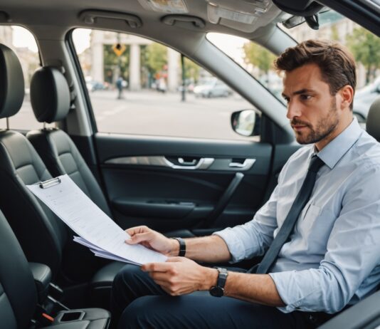 VTC : l’examen professionnel devient obligatoire pour tous les nouveaux chauffeurs Chauffeur de VTC dans son véhicule avec documents administratifs, illustration de l'examen professionnel obligatoire