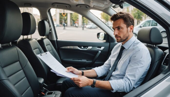 Chauffeur de VTC dans son véhicule avec documents administratifs, illustration de l'examen professionnel obligatoire