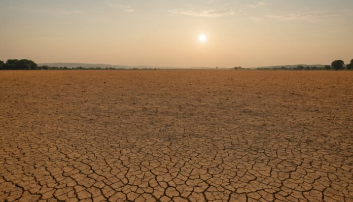 Vague de chaleur en France : campagne asséchée sous un ciel embrasé Paysage français sous une chaleur intense, illustrant la canicule de l'été 2026