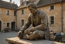 Patrimoine en péril : le Plus Grand Musée de France mobilise Michelin et le grand public Statue en pierre en cours de restauration dans un village français, campagne Plus Grand Musée de France