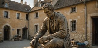 Patrimoine en péril : le Plus Grand Musée de France mobilise Michelin et le grand public Statue en pierre en cours de restauration dans un village français, campagne Plus Grand Musée de France