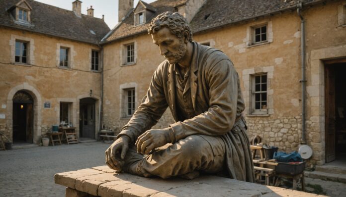 Statue en pierre en cours de restauration dans un village français, campagne Plus Grand Musée de France
