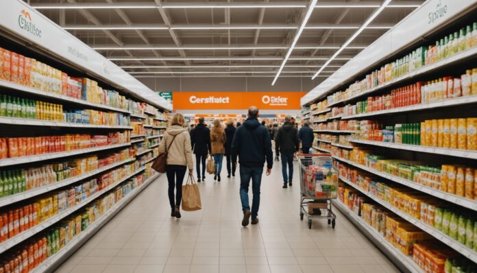 Shopping en magasin physique en 2026 Rayon de magasin physique avec des clients faisant leurs achats
