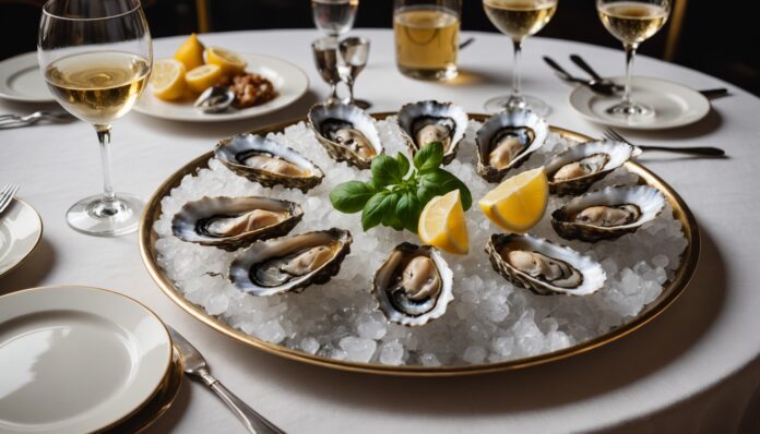 50 Best Discovery s'agrandit avec de nouvelles adresses gastronomiques Table de restaurant gastronomique dressée avec huîtres et vin blanc, ambiance brasserie chic