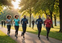 Pratique sportive en France : un niveau record porté par la santé et le bien-être Groupe de personnes pratiquant la marche et la course à pied en extérieur dans un parc