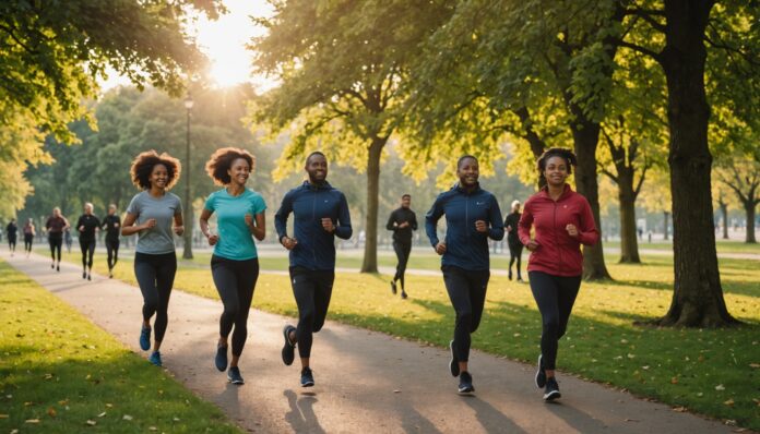 Pratique sportive en plein air en France Groupe de personnes pratiquant la marche et la course à pied en extérieur dans un parc