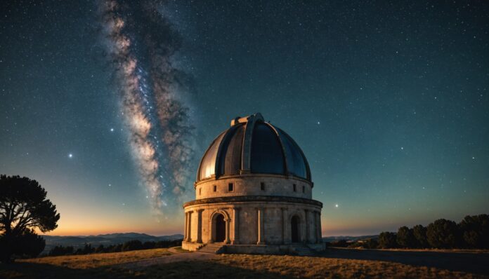 Dôme d'observatoire astronomique de nuit sous la Voie lactée