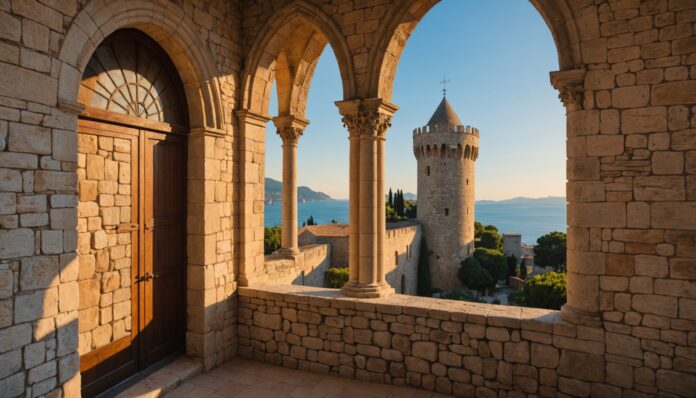 Tour-monastère de l'abbaye de Lérins restaurée sur l'île Saint-Honorat Tour-monastère fortifiée médiévale de l'île Saint-Honorat au large de Cannes, restaurée