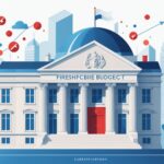 Communication publique : l’État engage une cure d’économies de 300 millions d’euros Illustration d'un bâtiment institutionnel avec une flèche descendante symbolisant la baisse du budget de communication publique