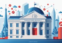 Communication publique : l’État engage une cure d’économies de 300 millions d’euros Illustration d'un bâtiment institutionnel avec une flèche descendante symbolisant la baisse du budget de communication publique