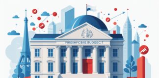 Communication publique : l’État engage une cure d’économies de 300 millions d’euros Illustration d'un bâtiment institutionnel avec une flèche descendante symbolisant la baisse du budget de communication publique