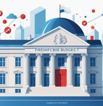 Communication publique : l’État engage une cure d’économies de 300 millions d’euros Illustration d'un bâtiment institutionnel avec une flèche descendante symbolisant la baisse du budget de communication publique