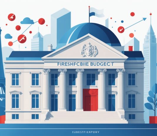 Communication publique : l’État engage une cure d’économies de 300 millions d’euros Illustration d'un bâtiment institutionnel avec une flèche descendante symbolisant la baisse du budget de communication publique
