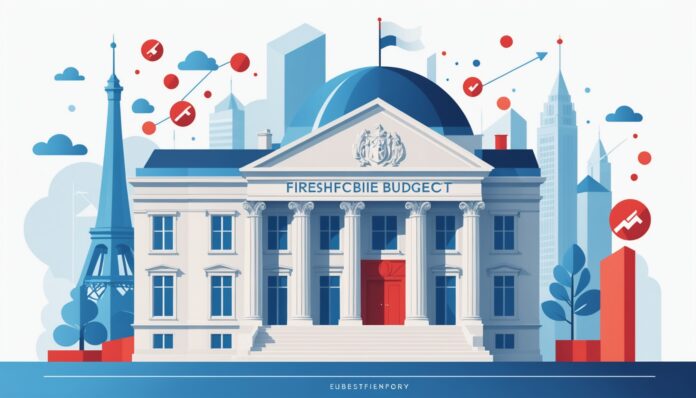 Illustration d'un bâtiment institutionnel avec une flèche descendante symbolisant la baisse du budget de communication publique