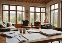 Crédit immobilier : ces trois spécificités qui distinguent la France du reste de l’Europe Salon cosy avec maquette de maison et documents financiers, illustration crédit immobilier