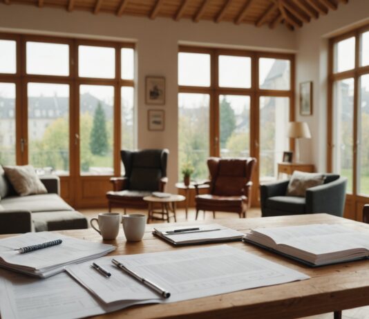 Crédit immobilier : ces trois spécificités qui distinguent la France du reste de l’Europe Salon cosy avec maquette de maison et documents financiers, illustration crédit immobilier