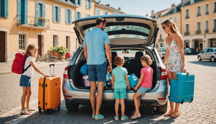Famille française préparant ses valises pour les vacances d'été Famille chargeant sa voiture de valises et d'affaires de plage pour partir en vacances d'été