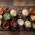 Fermentation : pourquoi kimchi, kombucha et miso conquièrent les tables françaises Aliments fermentés kimchi choucroute kombucha kéfir sur table en bois