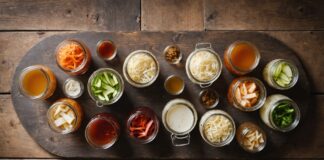Fermentation : pourquoi kimchi, kombucha et miso conquièrent les tables françaises Aliments fermentés kimchi choucroute kombucha kéfir sur table en bois