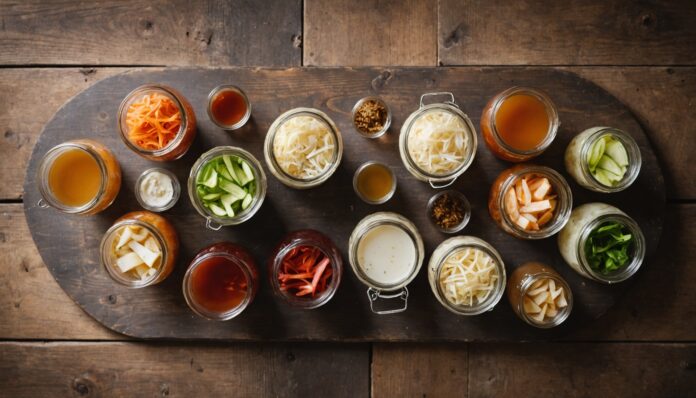 Aliments fermentés kimchi choucroute kombucha kéfir sur table en bois