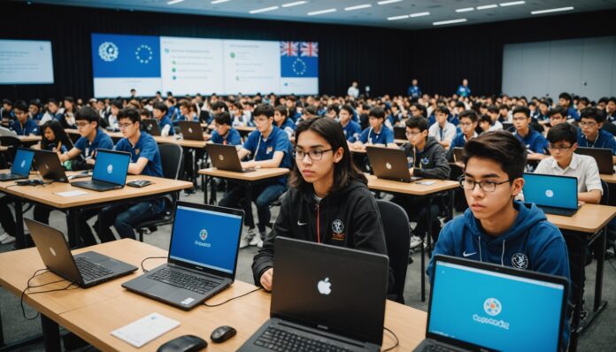 Jeunes candidats concentrés devant leurs ordinateurs lors d'une olympiade internationale d'informatique
