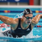 Léon Marchand explose le record de France aux Championnats d’Europe de natation Nageur de compétition en pleine nage libre dans un bassin olympique, illustration des Championnats d'Europe de natation