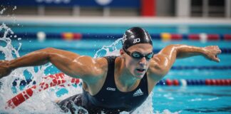 Léon Marchand explose le record de France aux Championnats d’Europe de natation Nageur de compétition en pleine nage libre dans un bassin olympique, illustration des Championnats d'Europe de natation