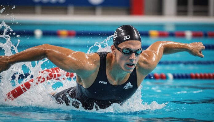 Nageur de compétition en pleine nage libre dans un bassin olympique, illustration des Championnats d'Europe de natation