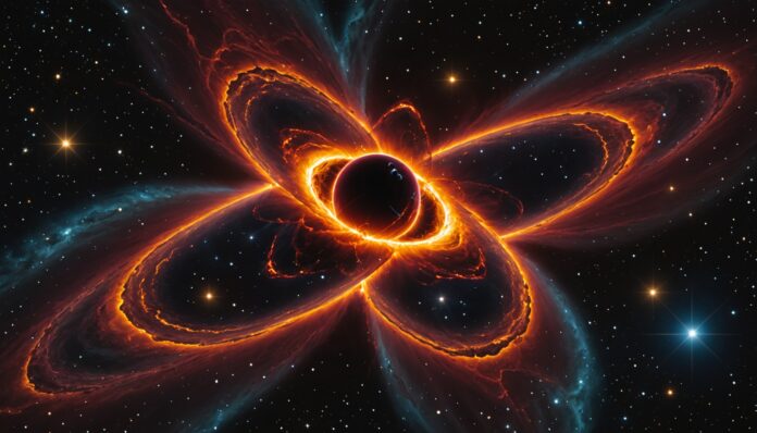 Etoile abritant un trou noir en son coeur, vue d'artiste Représentation d'une étoile géante avec un trou noir en son cœur dans l'espace profond