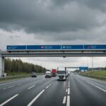 Écotaxe poids lourds : ce qui change pour les régions et les transporteurs Poids lourds circulant sur une route régionale sous un portique de péage, illustration écotaxe