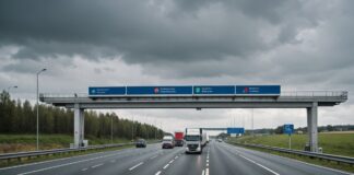 Écotaxe poids lourds : ce qui change pour les régions et les transporteurs Poids lourds circulant sur une route régionale sous un portique de péage, illustration écotaxe