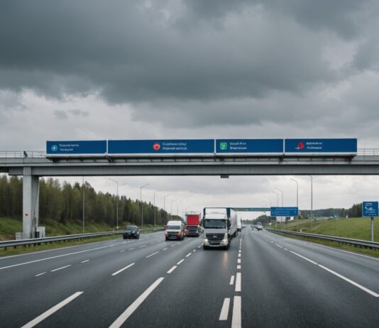 Écotaxe poids lourds : ce qui change pour les régions et les transporteurs Poids lourds circulant sur une route régionale sous un portique de péage, illustration écotaxe