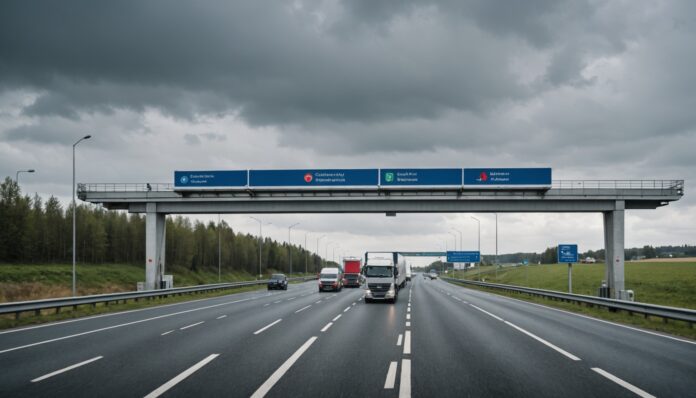 Écotaxe poids lourds : camions sur une route régionale Poids lourds circulant sur une route régionale sous un portique de péage, illustration écotaxe
