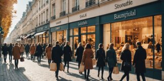 French Days de rentrée : dates, enseignes et astuces pour profiter des meilleures offres Rue commerçante animée avec vitrines de promotions lors des French Days de rentrée