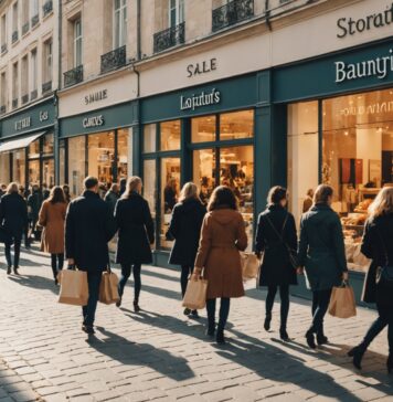 French Days de rentrée : dates, enseignes et astuces pour profiter des meilleures offres Rue commerçante animée avec vitrines de promotions lors des French Days de rentrée
